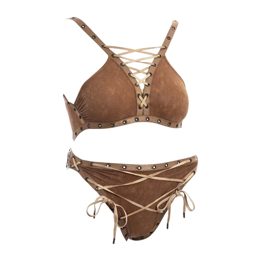 Christian Dior Vintage 2003 Galliano Brown Faux Leather Lace Up Bikini Set
